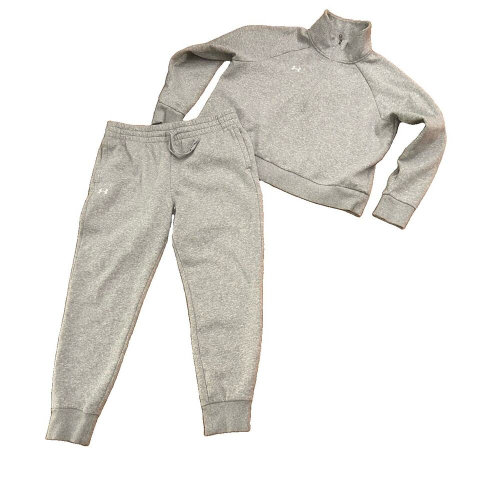 Under Armour Women’s Gray Fleece Jogger Set XL Top L Pants 1/4 Zip Sweatsuit -